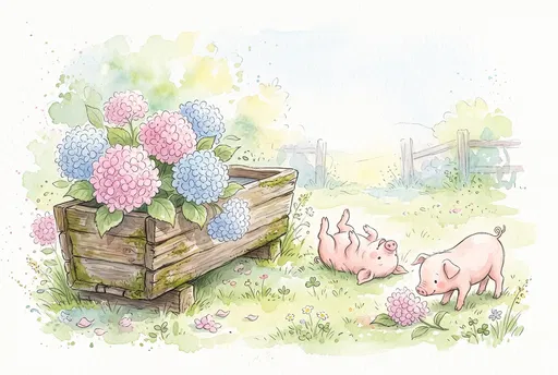 Watercolor Piglets Playing Near Hydrangea Trough