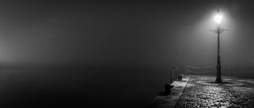 Monochrome Streetlamp on Foggy Cobblestone Pier