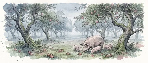 Watercolor Pigs Foraging in Apple Orchard