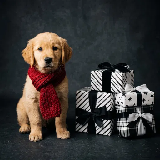 Golden Retriever Puppy with Holiday Gifts