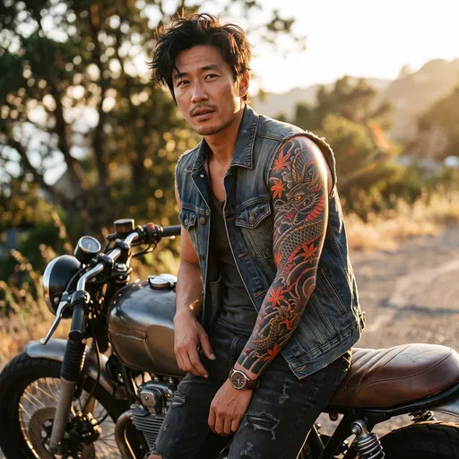 Man With Dragon Sleeve Tattoo On Motorcycle
