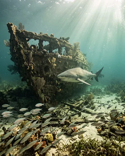 Shark Swimming Near Sunken Shipwreck