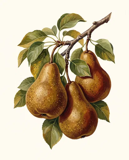 Gouache Illustration of Bosc Pears on Branch