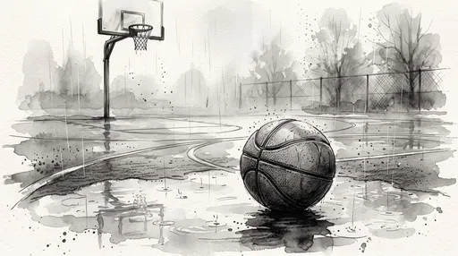 Monochrome Watercolor Basketball on Rainy Outdoor Court