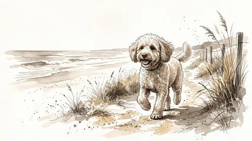 Sepia Watercolor Labradoodle on Beach
