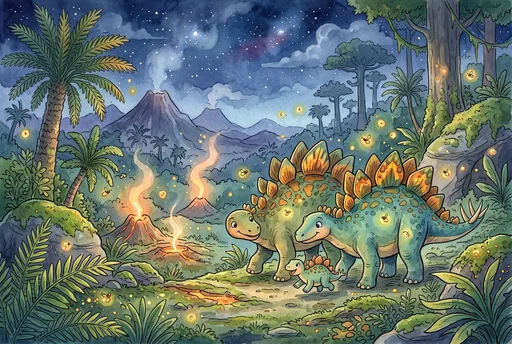 Watercolor Cartoon Stegosaurus Family at Night