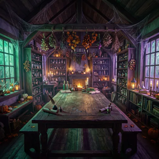 Cozy Autumn Apothecary Study With Wooden Table
