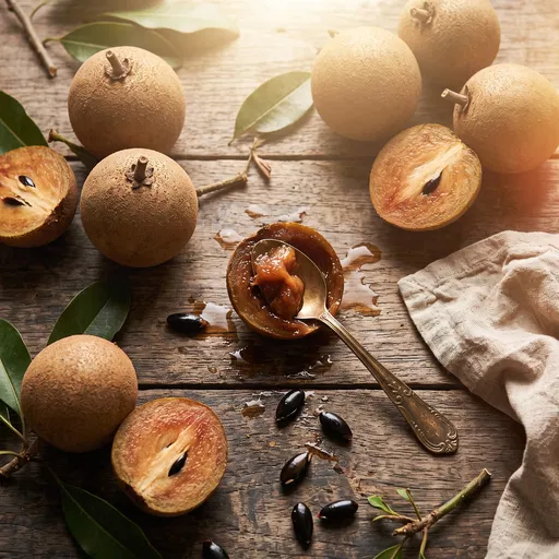 Sapodilla Chikoo Fruit on Wooden Table