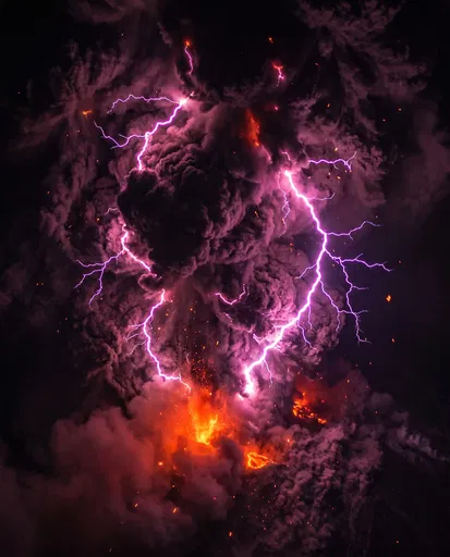 Volcanic Eruption with Magenta Lightning Bolts