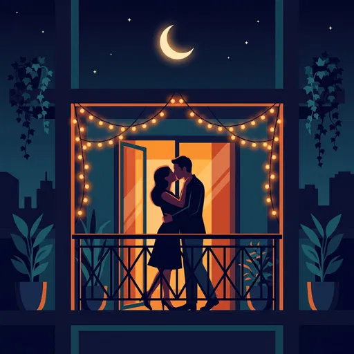 Couple Kissing on Lit Night Balcony
