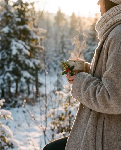 Woman Holding Steaming Holiday Mug Outdoors