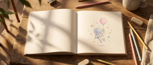 Open Sketchbook With Pastel Astronaut Drawing