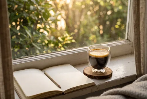 Espresso and Notebook on Sunny Windowsill