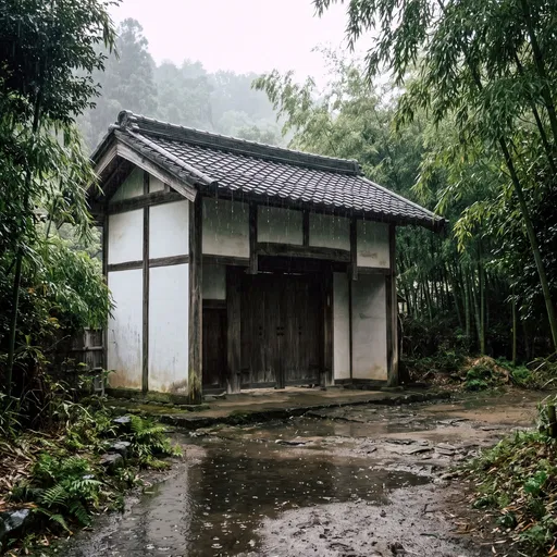 Traditional Japanese Gatehouse in Rain