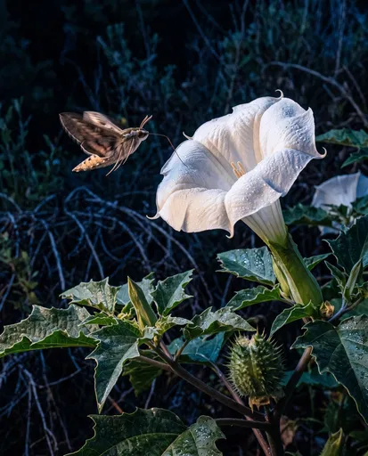 Hawk Moth Pollinating White Datura Flower