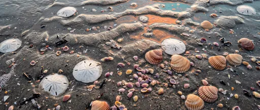 Sand Dollars and Shells on Wet Beach
