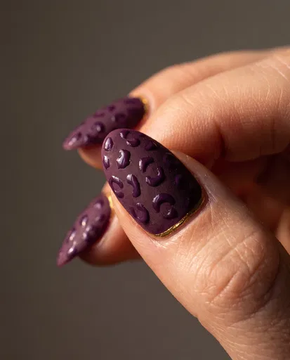 Matte Plum Nails With Glossy Leopard Spots