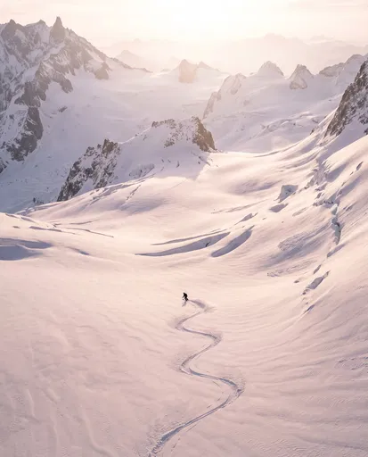 Lone Skier in Vast Alpine Glacier Bowl