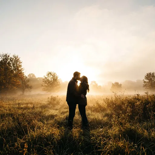 Couple Kissing in Misty Sunrise Meadow
