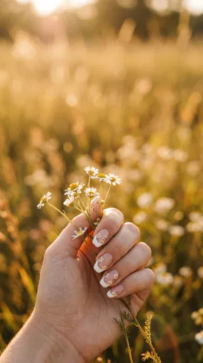 Floral French Tip Nails Holding Chamomile