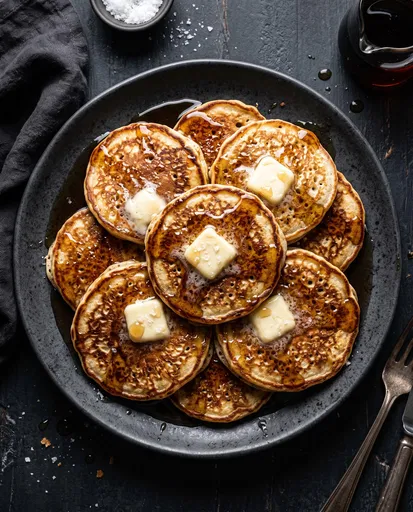 Overhead Plate of Buttered Pancakes