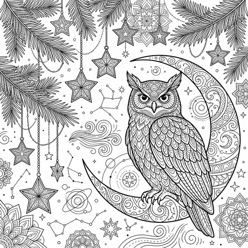 Owl on Crescent Moon Coloring Page
