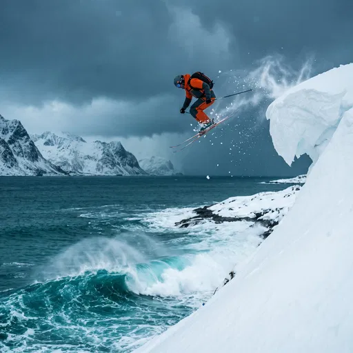 Backcountry Skier Jumping Over Arctic Fjord