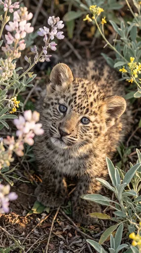Young Leopard Cub Among Wildflowers