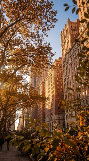 Historic Brick Skyscrapers Through Autumn Foliage