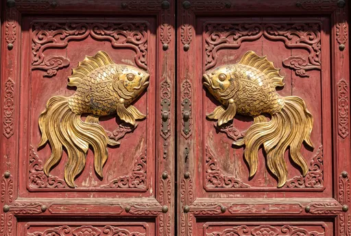 Golden Fish Reliefs on Red Temple Door