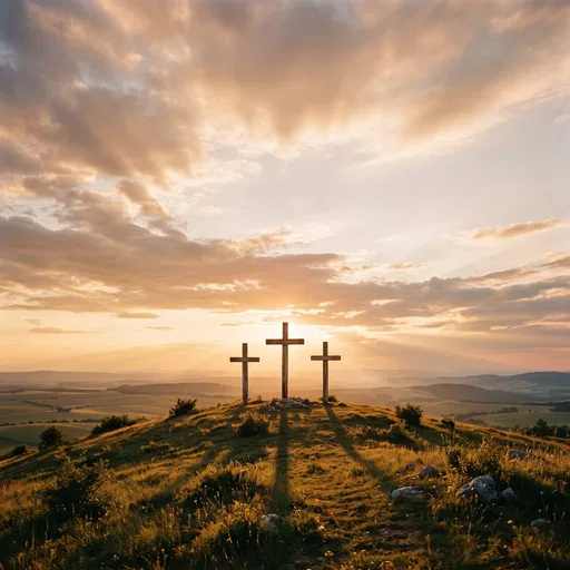 Three Wooden Crosses on Sunset Hilltop