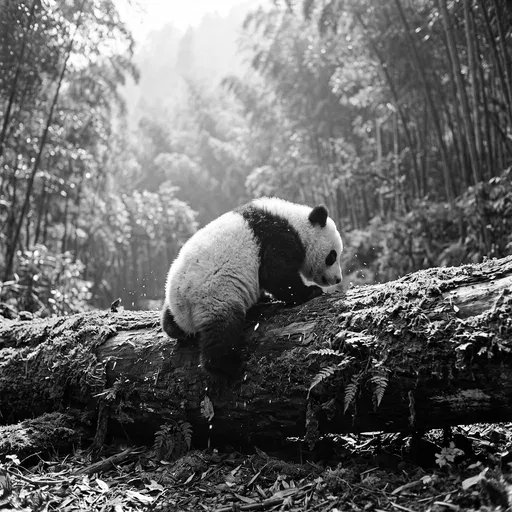 Panda Cub Climbing Mossy Forest Log