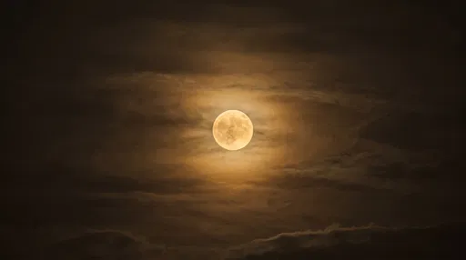 Glowing Golden Moon in Cloudy Night Sky