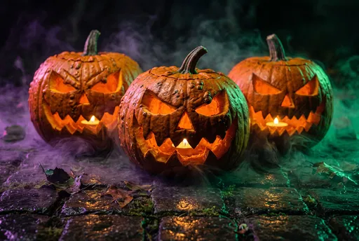 Three Spooky Jack-O'-Lanterns in Colored Fog