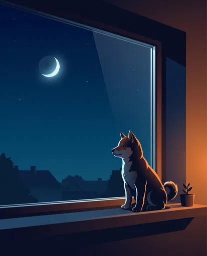 Shiba Inu Sitting on Windowsill at Night