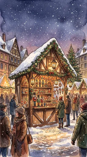 Watercolor Christmas Market Stall in Snowy Evening