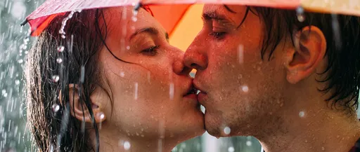Couple Kissing Under Umbrella in Rain