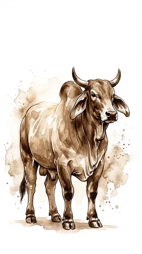Sepia Watercolor Brahman Bull Illustration