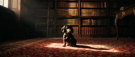 Dachshund Puppy Sitting in Sunlit Library