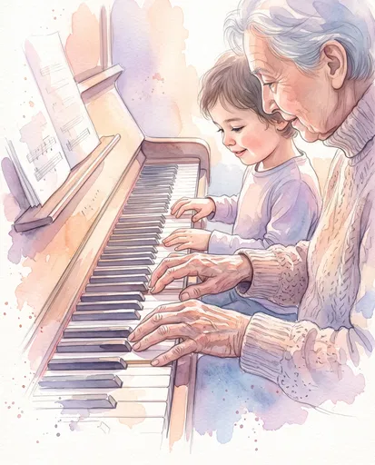 Watercolor Piano Duet With Child and Senior
