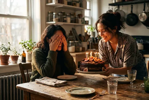 Woman Surprising Sister With Birthday Cake