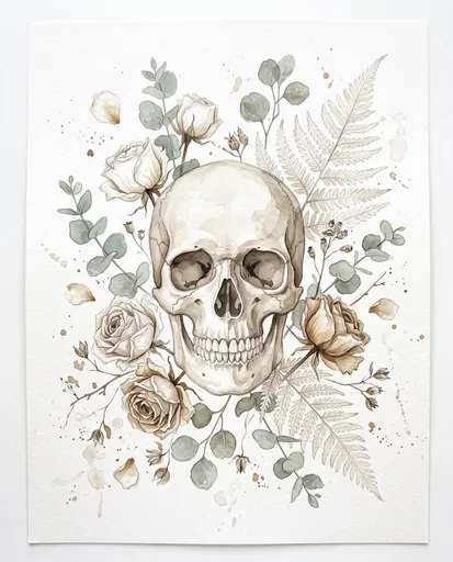 Watercolor Skull and Dried Botanicals Illustration
