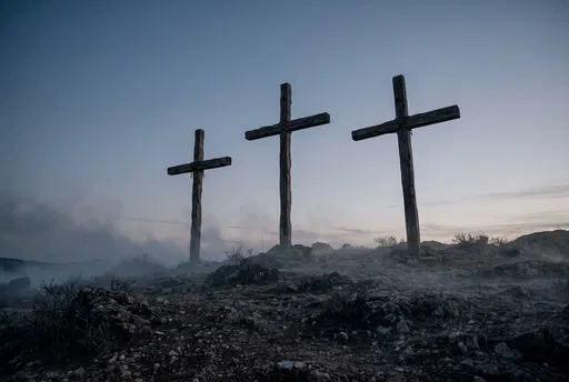Three Wooden Crosses on Misty Hilltop