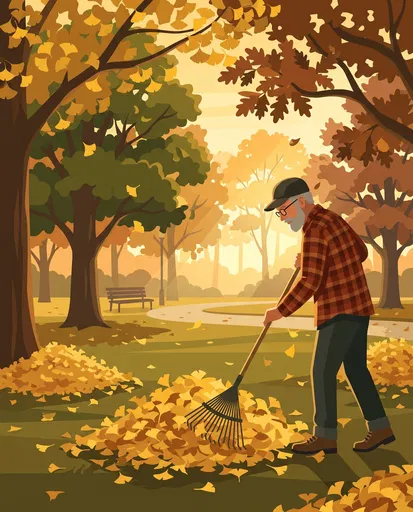 Senior Man Raking Autumn Leaves in Park