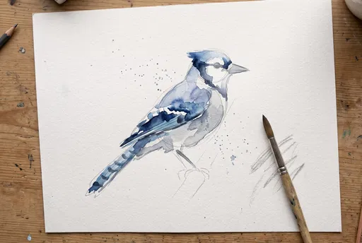 Watercolor Blue Jay Sketch Flat Lay
