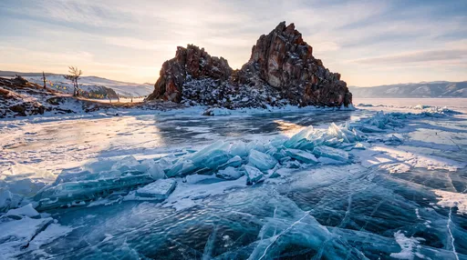 Shaman Rock on Frozen Lake Baikal