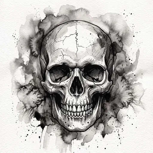 Monochrome Ink Wash Skull Sketch