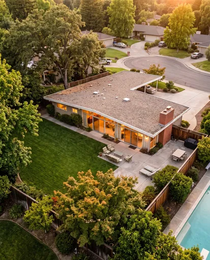 Aerial View of Mid-Century Modern House