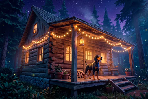 Hound Dog on Cozy Cabin Porch