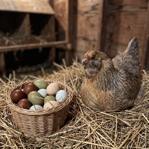 Ameraucana Hen Beside Basket of Colorful Eggs